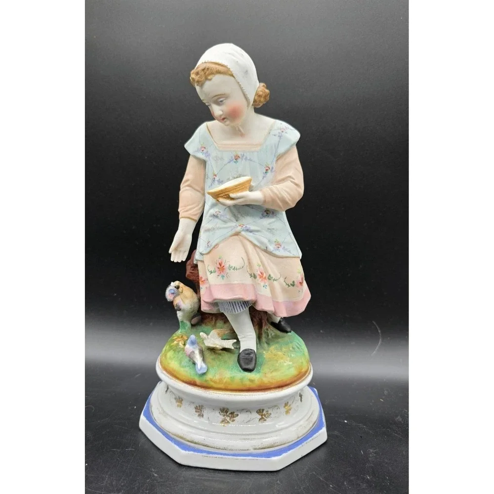 Antique French Porcelain Bisque Girl Feeding‎ Birds Figurine Sculpture 11